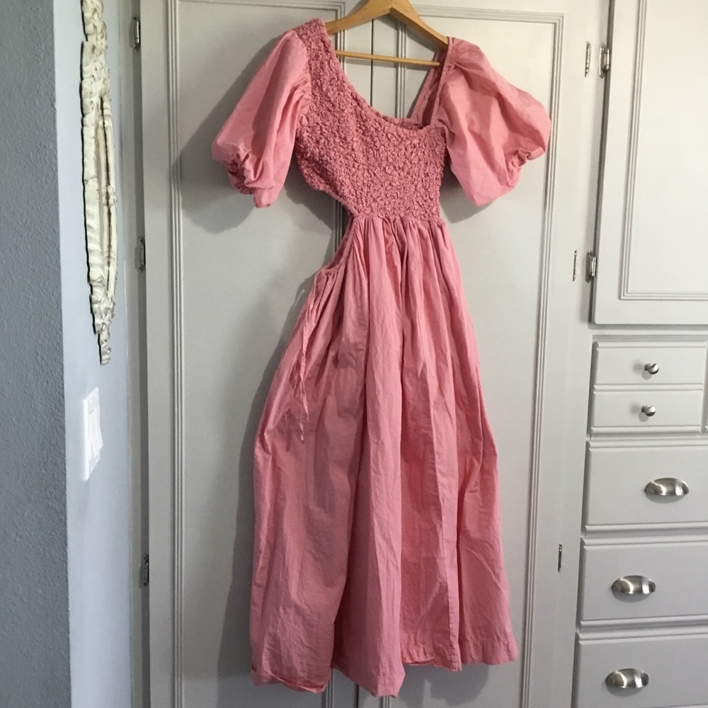 Free People KALINA Smocked Asymmetrical Puff Sleeve Cut Out Midi Dress XS - Picture 3 of 16